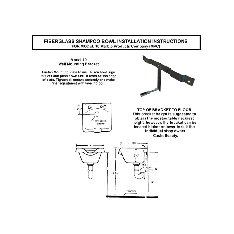 Shampoo Bowl T-Bracket FITS: MPC Marble Products Co. #10 &