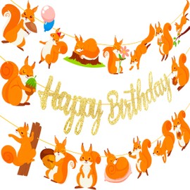 Squirrel Birthday Party Banners 3Pcs Squirrel Birthday Decorations Gold Glitter Happy Birthday Banners Woodland Themed Party Decorations for Woodland Birthday Forest Animal Baby Shower Supplies
