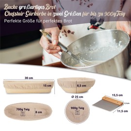 Chefstair Proofing Basket + Recipes - The Ideal Proofing Basket for Bread Baking Made of Natural Rattan - No Chemicals (Round, Diameter 25 cm, Oval, 30 x 15 cm) - with Natural Linen Insert and Dough