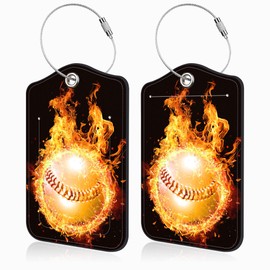 Mazumbuy 2 Pcs Baseball on Fire Luggage Tags for Suitcases PU Leather Baggage Tags Name ID Label with Privacy Cover and Stainless Steel Loop for Men Women Travel Bag Suitcase