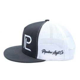 Pipeline Legit Flat-Bill Trucker Snapback Hat - Charcoal Front w White Embroidered PL Lettering.
