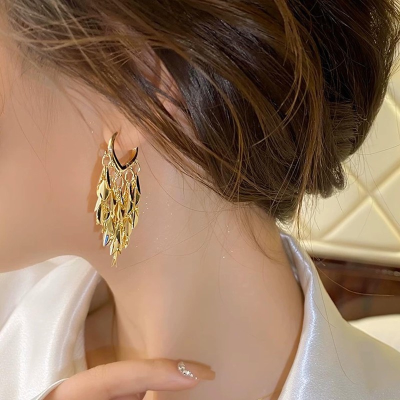 Gold Plated Cascading Leaf Dangle Earrings, Long Tassel Drop Design,
