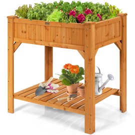 Giantex Raised Garden Bed, Elevated Planter Box Kit with 8 Grids & Liner for Herbs Vegetables Flowers, Outdoor Solid Fir Wood Planting Container with Legs & Storage Shelf for Backyard Patio (Natural)
