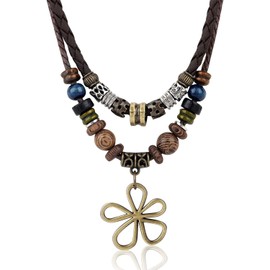 Mikovivi Mehrlagige Halskette Holzperlen mit Hohlen Blumenohrringen, Hippie Boho Halskette Unisex Böhmischer Schmuck für Männer und Frauen