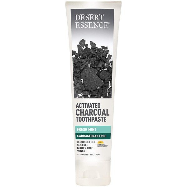 Desert Essence Activated Charcoal Toothpaste - Fresh Mint - 6.25 Oz - Complete Oral Care - Deeply Clean - Tea Tree Oil - Baking Soda - Sea Salt - Carrageenan Free - Refreshes Breathe - High Quality
