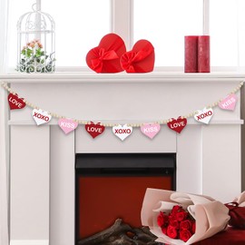4.5 FT Valentines Day Heart Garland for Decorations, Wood Love XOXO KISS Garland with Beads NO DIY, Red Pink White Heart Valentine’s Banner Garland for Mantle, Fireplace, Party Home Decor （Word）