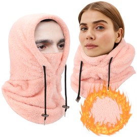 Ofoat Winter Thermal Hat with Neck Cover, Windproof Fleece Balaclava for Women Men, 3-in-1 Scarf Face Cover Hood (CA/US, Alpha, One Size, Pink)