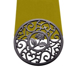 HwaGui Black Cast Iron Teapot Trivet with Rubber Pegs, 5.5 Inch Diameter, Floral Pattern