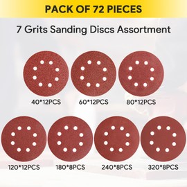 AUGOLA 72Pcs Sanding Discs Pads, Hook and Loop 40 60 80 120 180 240 320 Mixed Grits 125mm Sandpaper Sheet for Random Orbital Sander, 8-Holes