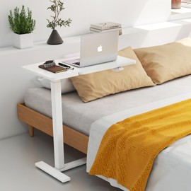 SMUG Overbed Bedside Table with Wheels, Hospital Over Bed Table with Tilt Top, Mobile Standing Desk Adjustable Height, Rolling Laptop Desk for Home Office Bedroom Sofa, Pneumatic Adjustment, White