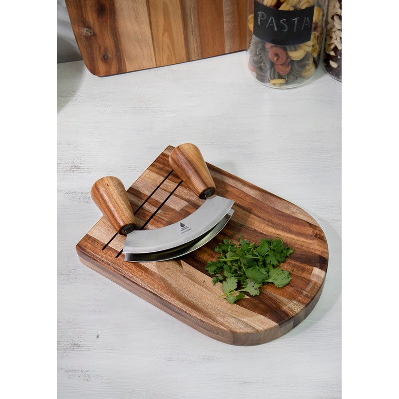 Natural Elements Double Mezzaluna Chopper with Wooden Herb Chopping Board,