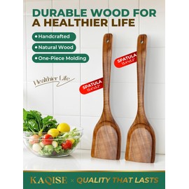 Handmade Wooden Spatulas for Cooking, Natural Nonstick Teak Wood Turner, Smooth Finish Wooden Flat Cooking Spatula Set (2Pcs)