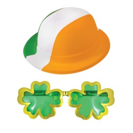 Lizzy Irish Tri Colour Bowler Hat with Giant Irish Sunglasses | St Patrick's Day Accessories Clover Leprechaun Hat Unisex One Size Irish Fancy Dress Costume Accessory