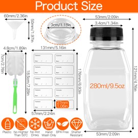 HOCUCHELAND 6 Pack 9.5oz/280ml Mini Fridge Bottles, Leak-Proof Juice Bottles with Lids Funnel Brush Stickers, Reusable Plastic Small Shot Bottles with Lids, Empty Reusable Bottles for Milk, Water