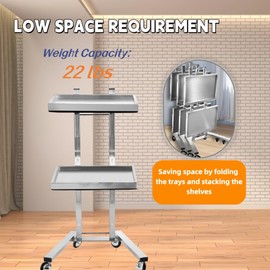 Mixizap Rolling Tool Cart, Stainless Steel Tool Tray Rack, Foldable Tray Trolley with Double Layer Storage Tray for Beauty Salon Tattoo Spa Clinic Medical Studio (Silver)