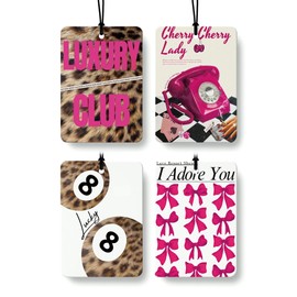 FISWAFY Hot Pink Cheetah Print Car Air Freshener 4 Pcs, Funky Coquette Bow Leopard Print Lucky 8 Ball Hanging Air Freshener for Cars Closet Drawer Books, Girly Car Accessories Mirror Decor for Women