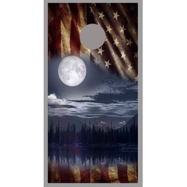 Lets Print Big Full Moon Over Lake Aged American Flag Cornhole Board Decal Wrap