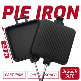 IPROUDER Campfire Pie Iron 4.9" Large Cast Iron Sandwich Maker for Camping 2 Pcs with Storage Bag - 21.7 inch Adjustable Handles - Campfire Cooking Equipment for Grilling & Outdoor Cooking