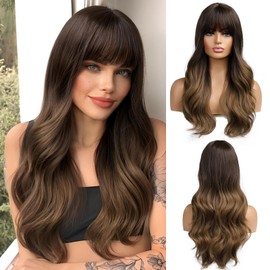 OUFEI Long Wavy Ombre Brown Wigs With Bangs for Women Natural Synthetic Hair Heat Resistant Wigs for Daily Party Cosplay Wear-24 Inches