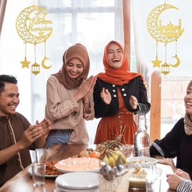 Hitopin 2 Pieces Ramadan Mubarak Hanging Decorations, Ramadan Kareem Hollow Ornament, Eid Mubarak Door Sign Moon Stars Lantern Pendant, Eid Mubarak Door Sign, for Islamic Muslim Home Decor