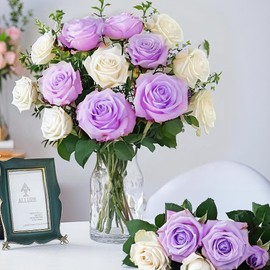 20PCS Artificial Roses with Long Stems - Realistic Silk Flowers, Fake Roses Real Touch Bouquet of Roses for Home Decor, Bridal Wedding Party Table Centerpieces, Bulk Faux Rose Flowers (White Purple)