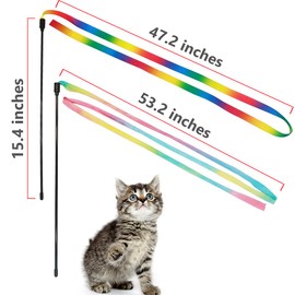 LASOCUHOO Interactive Cat Wand Toys Interactive Cat Teaser Wand String Ribbon Rainbow Charmer for Cats and Kittens - 2 Packs