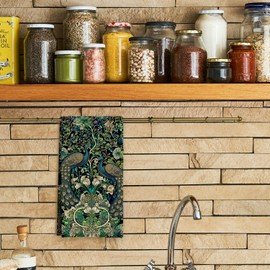 Qpenm Vintage William Morris Peacock Kitchen Towels, Dark Green Floral Peacock Hand Towels for Bathroom Decor, Vintage Retro Botanical Cottagecore Dish Tea Towels for Kitchen Decor, 16x24 Inch