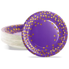 AIPartywar Disposable Paper Plates, Pack of 50 Party Plates Set 23 cm (9 Inches) Party Tableware Set, Purple Gold Polka Dot Paper Plates for Banquet, New Year's Eve, Children's Birthday, Birthday