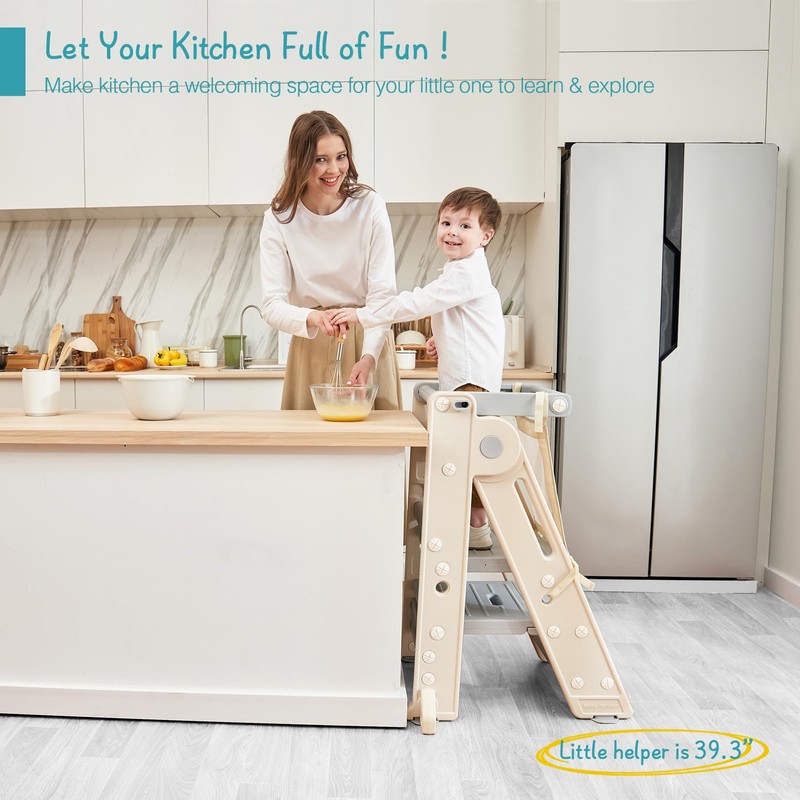 Forbena Foldable Toddler Tower Kitchen Learning Stool Helper, Montessori Kids