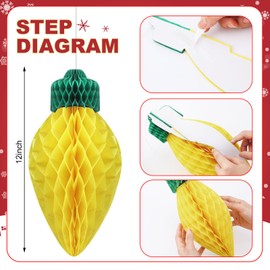 Humyoun 12 Pcs Christmas Lights Honeycomb Hanging Decorations 3D Light Bulb Shaped Xmas Rainbow Paper Ornament Assorted Colors Honeycomb Lights Honeycomb Ornament for Christmas Classroom Decorations