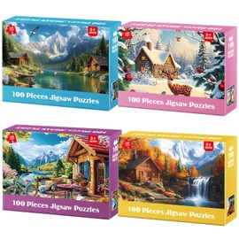 100 Piece Puzzles - Four Seasons Scenery Large Piece Puzzles for Senior Adults Kids Puzzle Ages 5-8 Jigsaw Puzzle for Kids Ages 4-6 6-8 8-10 Year Old Educational Toys for Girls Boys 4-Pack