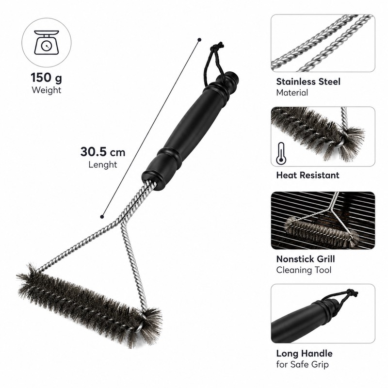 Triangular Grill Brush for BBQ Cleaning – Stainless Steel Long