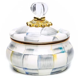 MACKENZIE-CHILDS Enamel Squashed Pot, Cute Enameled Container with Lid, 20 Ounces, Gray-and-White Sterling Check