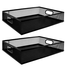 yaenoei 2 Pack Desk Drawer Organizer Tray, Metal Mesh Storage with Handles for Office Supplies, Desktop File Organizer Basket for Stationery, Craft Materials, Magazines and Documents (Black)