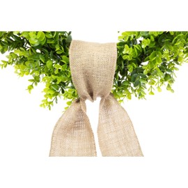 20" Boxwood Wreath - Burlap Ribbon, Boxwood Wreaths for Front Door & Window Decor, Indoor Outdoor Green Wreath, Artificial Greenery for All Seasons