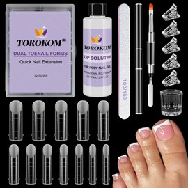 TOROKOM Poly Gel Nail Forms Kit for Toes - 120PCS Reusable Dual Toenail Forms for Builder Gel, Toe Nail Kit with 2.5oz Slip Solution, Brush, File, 5PCS Clips - 12 Sizes
