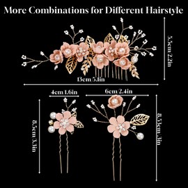 YBEATY 5 PCS Pink Bridal Flower Wedding Hair Pins Crystal Pearl Hair Combs Clips Flower Headpiece Rhinestone Gold Wedding Hairs Accessories Vintage Hairs Accessories Clips for Brides Bridesmaids Women