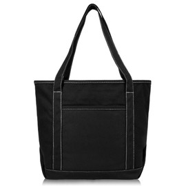 DALIX 20" Solid Color Cotton Canvas Shopping Tote Bag in Black-White