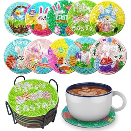 woclsnow 10 Pieces Easter Diamond Painting Coasters with Holder, 5D Diamond Art Kits for Adults Kids, DIY Diamond Art Painting Coasters with Holder for Home Decor