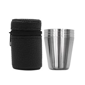Set of 4 NUZAMAS Stainless Steel Shot Cups 30ml Portable Mini Wine Cups Drinking Vessel with Leather Carrying Case for Hiking Camping Travel Picnic