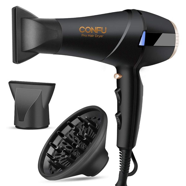 Professional Salon Hair Dryer, CONFU 1875 Watt Negative Ionic Fast Drying Blow Dryer, AC Motor Low Noise Hair Blow Dryer with Diffuser & 2 Concentrator Nozzles