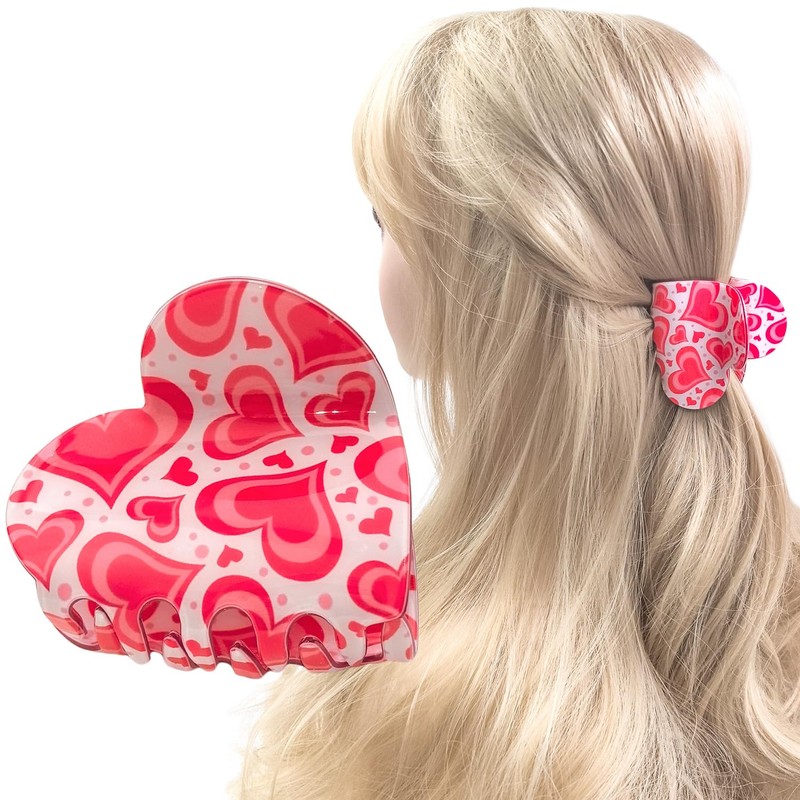 Heart Pattern Print Heart Shape Hair Claws 2.6" Pink Hair
