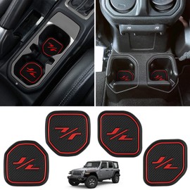LAIKOU 4PCs Anti dust Mat Inserts Coaster fit for Jeep Wrangler JL JLU 2018-2024 Sports Rubicon Gladiator JT Front & Rear Non-Slip Auto Cup Holder Liner Pad Interior Accessories (Red)