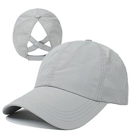 HGGE Womens Criss Cross Ponytail Baseball Cap Adjustable High Messy Bun Ponycap Trucker Hats Quick Drying Mesh Dad Hat for Outdoor Sports Travel Light Grey