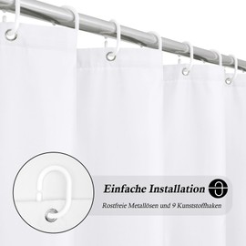 EurCross White Shower Curtain, 140 x 200 cm, Textile Fabric, Waterproof Shower Curtain for Bathroom, Washable, Quick-Drying, Anti-Mould, Bathroom Curtain with 9 Rings