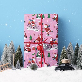 WRAPAHOLIC Christmas Wrapping Paper Roll - 17 Inch x 16.4 Feet per Roll - Pink Mini Roll，Santa Claus and Bike Design Perfect for Christmas Gift Packing