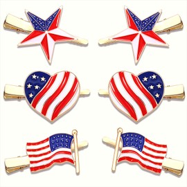 3 Pairs American Flag Hair Clips 4th of July Patriotic Hairpins for Women Rhinestone Enamel Heart Star Hair Barrettes Independence Day Hair Accessory Gifts (3 Pairs Enamel)