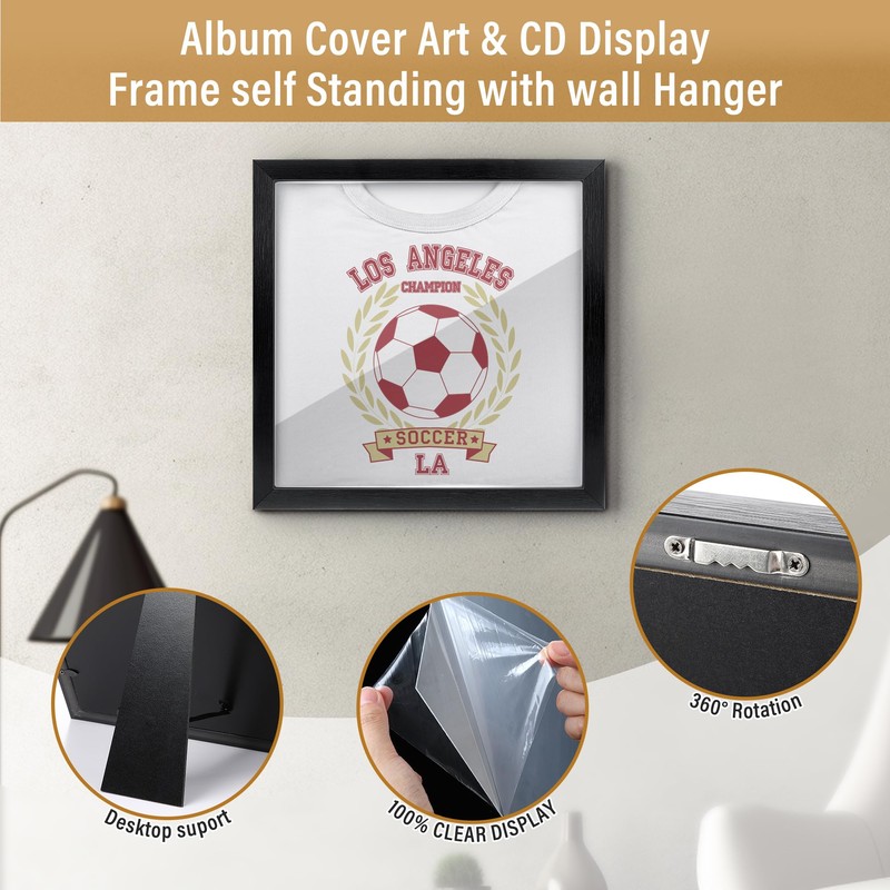Dunkive T-Shirt Display Frame, 13" x 13" Black Wood T-Shirt