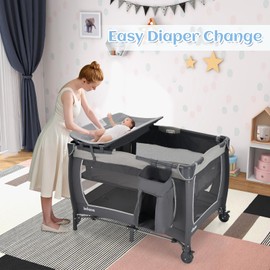 INFANS 4 in 1 Pack and Play, Portable Nursery Center for Baby Kid Infant, Travel Playard with Bassinet, Mattress, Diaper Changer, Bag, Toys, Music Box, Storage Basket