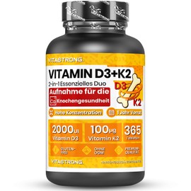 Vitamin D3 + K2 Vitastrong, 365 High Dose Tablets, Supply of 1 Year, 2000 IU Vitamin D3, 100 µg Vitamin K2 MK-7, Vegetarian, Gluten-Free, GM-Free, No Additives, Laboratory-Tested Quality